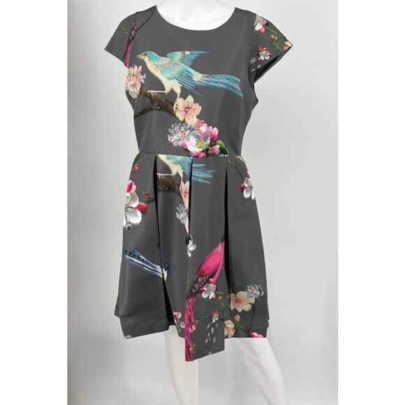 Ted Baker Dresses & Skirts - Ted Baker London Grey Bird & Floral Print Pleated Fit & Flare Dress size XL